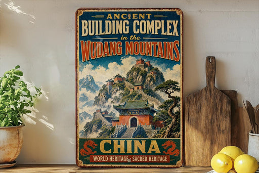 a vintage-style sign advertising the ancient building complex in the Wodang Mountains, China, with a dragon and a temple depicted on the sign.
