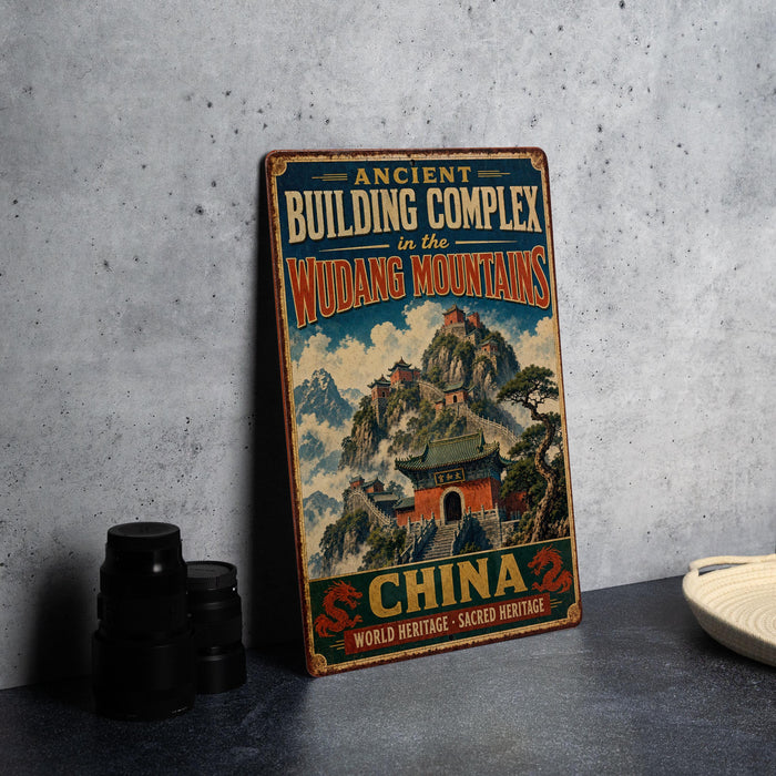 A vintage-style metal sign with the text "Ancient Building Complex in the Wudang Mountains" and "China" printed on it, along with a depiction of a Chinese temple. The sign is placed on a gray countertop next to some black camera lenses.