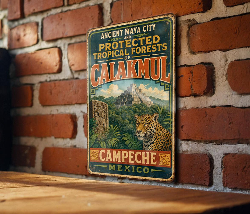 A vintage metal sign with text and an illustration of a jungle scene, mounted on a brick wall.