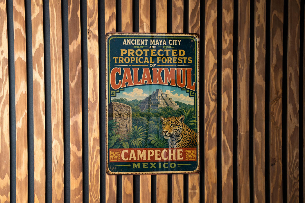 A vintage metal sign advertising the ancient Maya city of Calakmul, Mexico, featuring a jungle scene with a jaguar.
