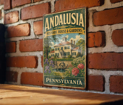 A vintage-style sign for "Andalusia Historic House & Gardens" is displayed on a brick wall, featuring an illustration of a historic house surrounded by gardens.