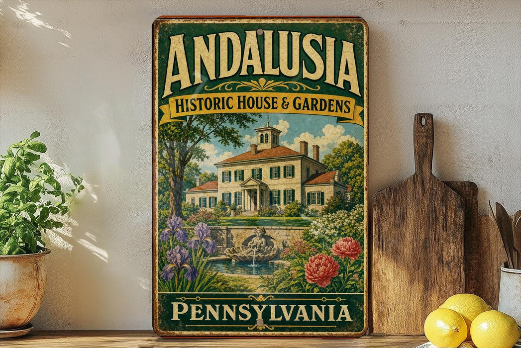 A vintage-style sign for "Andalusia Historic House & Gardens" in Pennsylvania, featuring a large illustration of a historic house surrounded by gardens and a fountain.