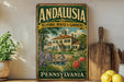 A vintage-style sign for "Andalusia Historic House & Gardens" in Pennsylvania, featuring a large illustration of a historic house surrounded by gardens and a fountain.
