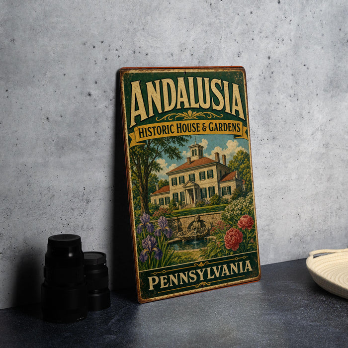 A vintage-style sign for "Andalusia Historic House & Gardens" in Pennsylvania, featuring an illustration of a historic house surrounded by gardens.