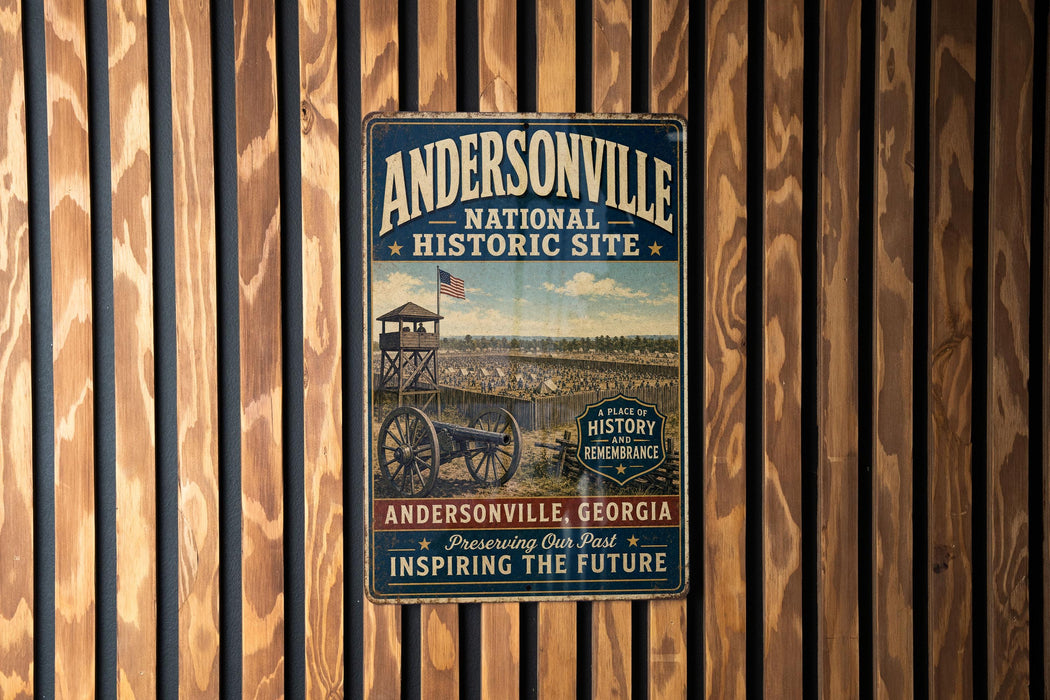 A vintage-style metal sign for the Andersonville National Historic Site in Georgia, featuring an image of a historic fort and a wagon.