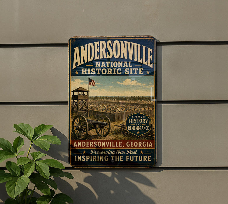 A vintage metal sign for Andersonville National Historic Site, featuring an illustration of a historical fort or structure with a large American flag.