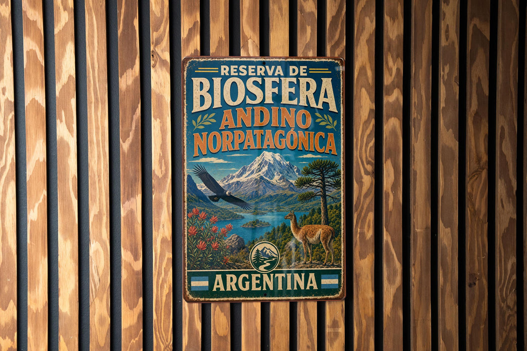 A vintage metal sign with the text "RESERVA DE BIOSFERA ANDINO NORPATAGONICA ARGENTINA" and an illustration of a mountain, a bird, and a deer.