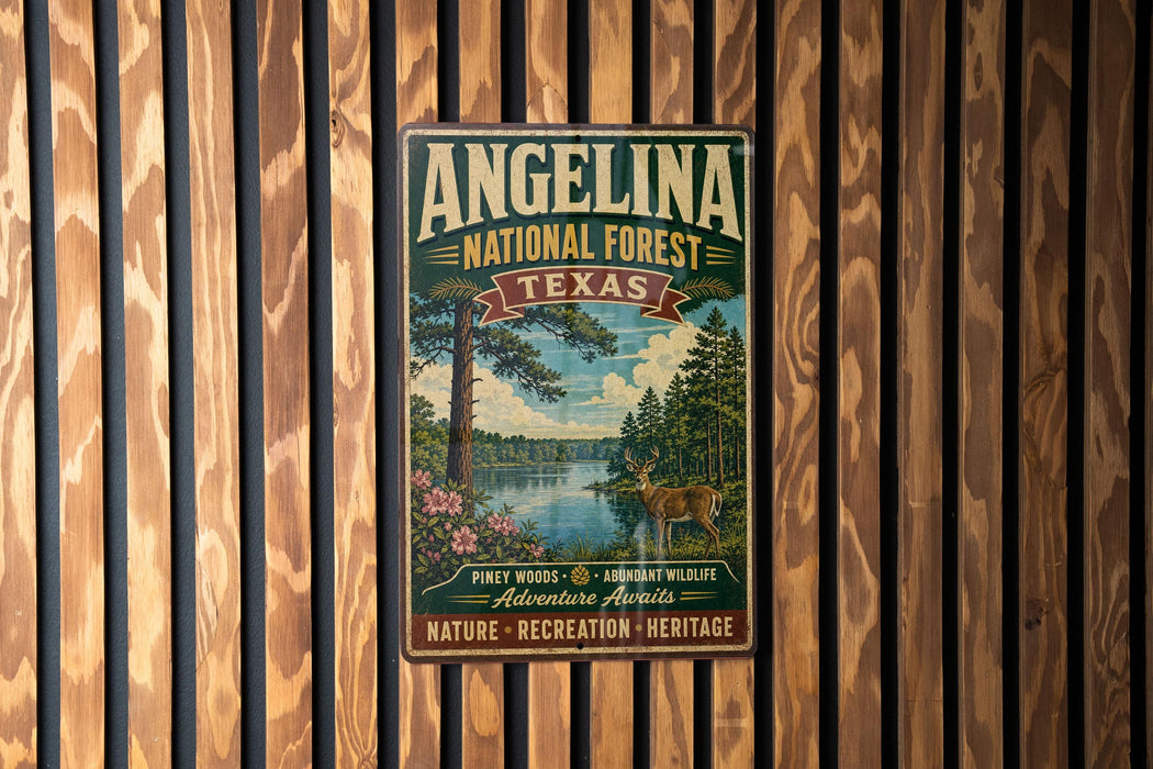 A vintage-style metal sign for Angelina National Forest in Texas, featuring a scenic landscape with a lake, pine trees, and a deer.