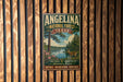 A vintage-style metal sign for Angelina National Forest in Texas, featuring a scenic landscape with a lake, pine trees, and a deer.