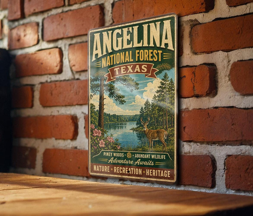 A vintage-style metal sign for the Angelina National Forest in Texas, featuring a scenic illustration of a forest and a lake.