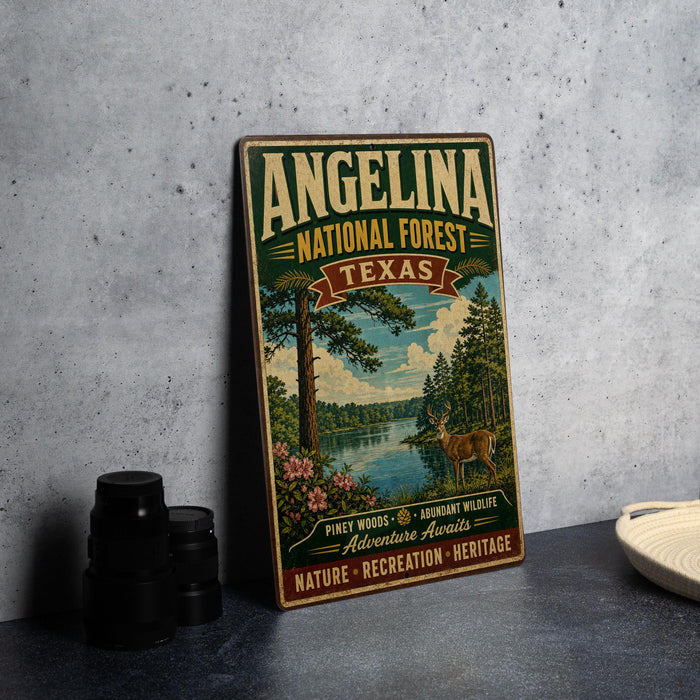 A vintage-style metal sign for the Angelina National Forest in Texas, featuring a scenic illustration of pine woods, a lake, and wildlife.