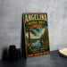 A vintage-style metal sign for the Angelina National Forest in Texas, featuring a scenic illustration of pine woods, a lake, and wildlife.
