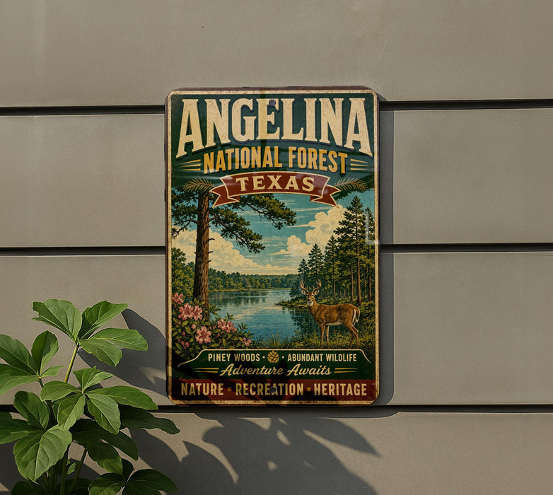A vintage-style metal sign for Angelina National Forest in Texas, featuring a scenic landscape with a deer and pine trees.