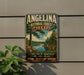 A vintage-style metal sign for Angelina National Forest in Texas, featuring a scenic landscape with a deer and pine trees.