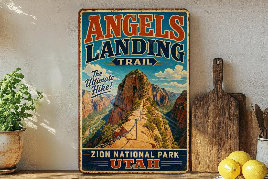 A vintage-style sign for the Angels Landing Trail in Zion National Park, Utah, featuring a scenic mountain landscape.