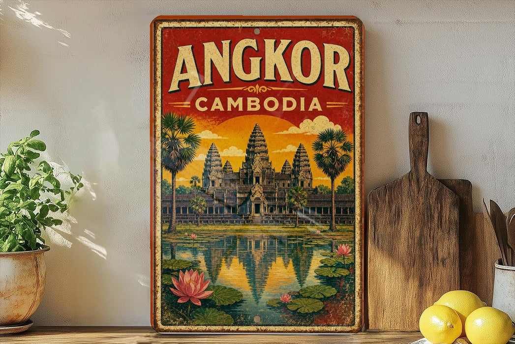 A vintage-style metal sign with the text "ANGKOR CAMBODIA" and an illustration of the Angkor Wat temple complex in Cambodia.