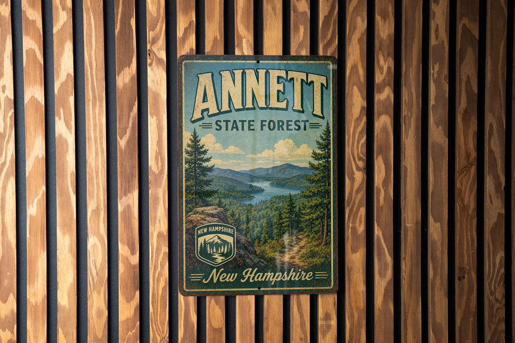 A vintage metal sign for the Annett State Forest in New Hampshire, featuring a scenic landscape with pine trees and a river.