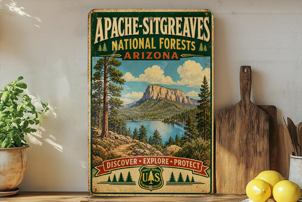 a vintage-style poster of the Apache-SITGREaves National Forests in Arizona, with a scenic mountain landscape and a lake in the background. The poster is displayed on a wall, surrounded by various kitchen items such as a cutting board, a knife, a spoon, and a bowl.