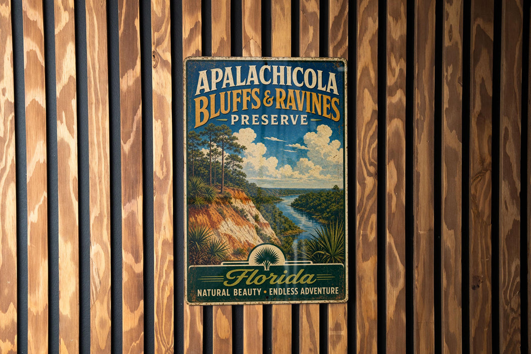 A vintage-style metal sign for the Apalachica Bluffs & Ravines Preserve in Florida, featuring a scenic landscape with a river and palm trees.