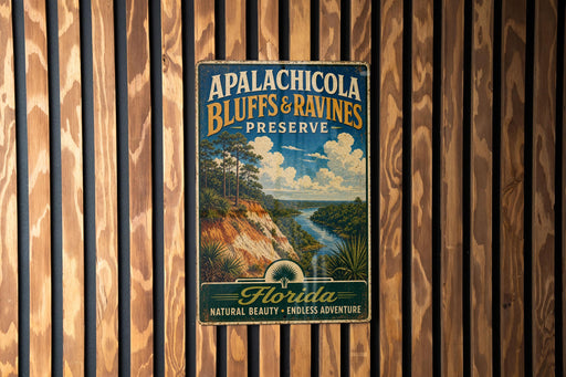 A vintage-style metal sign for the Apalachica Bluffs & Ravines Preserve in Florida, featuring a scenic landscape with a river and palm trees.