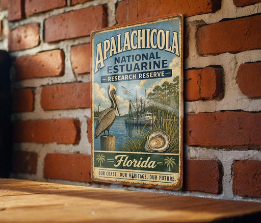 A vintage-style metal sign for the Apalachicola National Estuarine Research Reserve, featuring a pelican and a shell, is displayed on a brick wall.