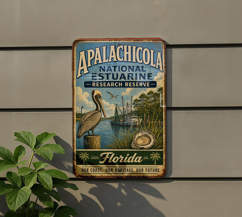 A vintage-style metal sign for the Apalachicola National Estuarine Research Reserve in Florida, featuring a pelican and a ship on a body of water.