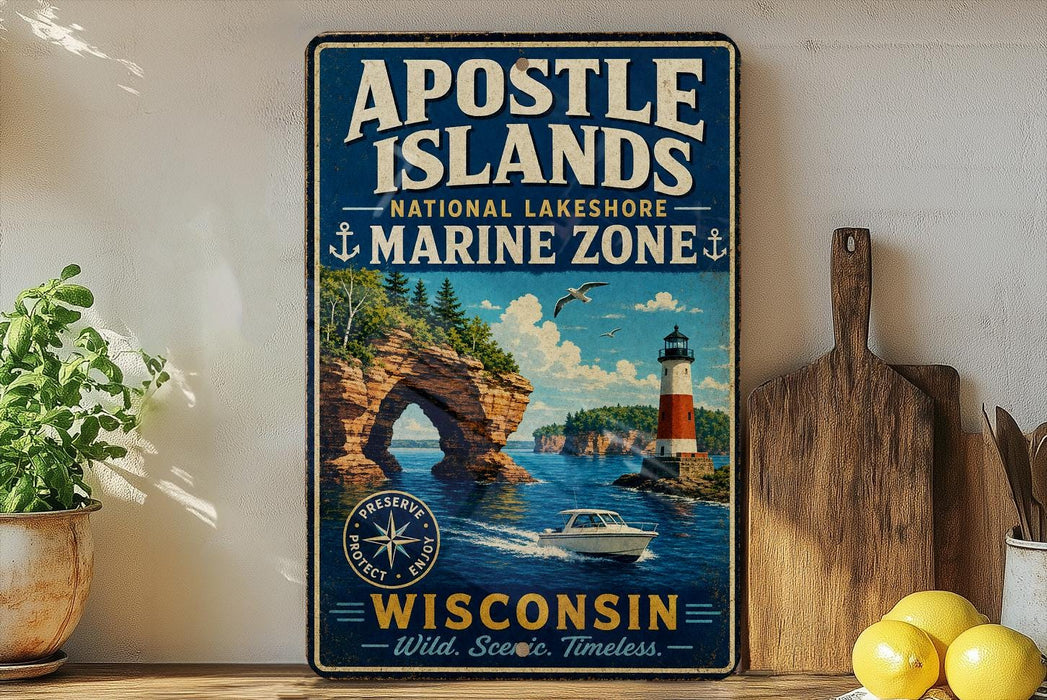 A vintage-style metal sign for the Apostle Islands National Lakeshore Marine Zone in Wisconsin, featuring a lighthouse, boats, and a scenic landscape.
