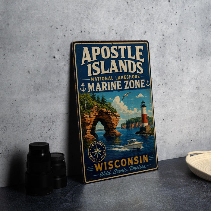 A vintage-style metal sign for the Apostle Islands National Lakeshore Marine Zone in Wisconsin, featuring a lighthouse and a boat on the water.
