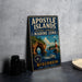 A vintage-style metal sign for the Apostle Islands National Lakeshore Marine Zone in Wisconsin, featuring a lighthouse and a boat on the water.