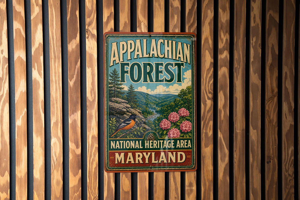 A vintage metal sign for the Appalachian Forest National Heritage Area in Maryland, featuring a scenic illustration of the forest and mountains.