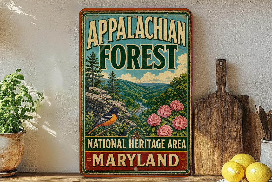 A vintage-style sign for the Appalachian Forest National Heritage Area in Maryland, featuring a scenic illustration of the forest and mountains.