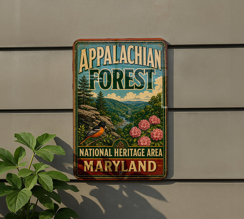 A vintage metal sign for the Appalachian Forest National Heritage Area in Maryland, featuring a scenic landscape with a bird and flowers.