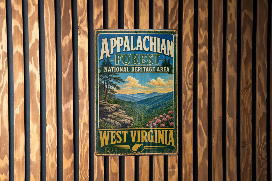 A vintage metal sign for the Appalachian Forest National Heritage Area in West Virginia, featuring a scenic landscape with mountains, trees, and flowers.