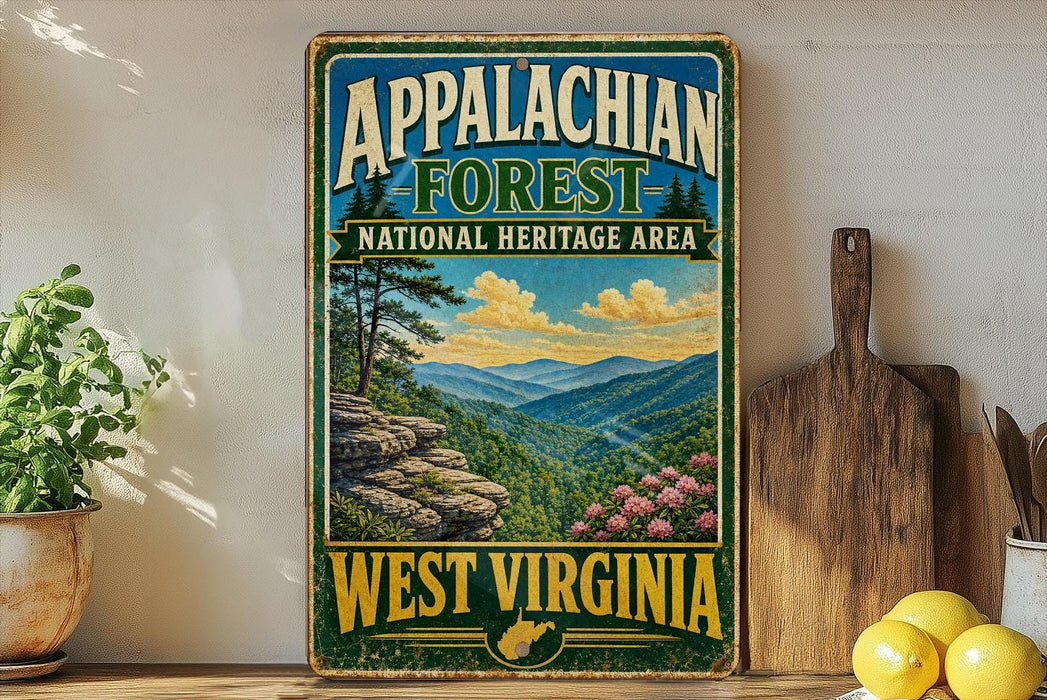 A vintage-style sign for the Appalachian Forest National Heritage Area in West Virginia, featuring a scenic mountain landscape with pine trees and colorful flowers.