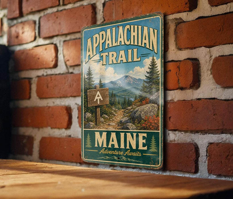 A vintage metal sign on a brick wall, depicting a scenic mountain landscape with a trail sign and the text "Appalachian Trail MAINE Adventure Awaits".