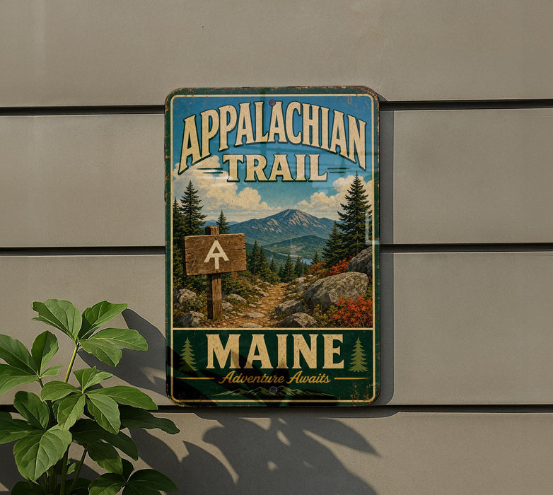 A vintage metal sign for the Appalachian Trail in Maine, featuring a scenic mountain landscape with pine trees and a trail sign.