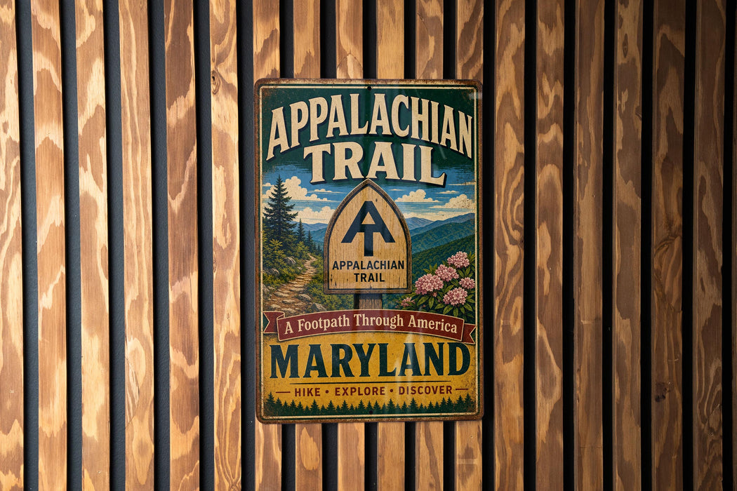 A vintage metal sign for the Appalachian Trail in Maryland, featuring a scenic illustration of the trail and the words "Appalachian Trail" and "A Footpath Through America".
