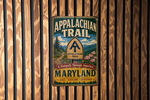 A vintage metal sign for the Appalachian Trail in Maryland, featuring a scenic illustration of the trail and the words "Appalachian Trail" and "A Footpath Through America".