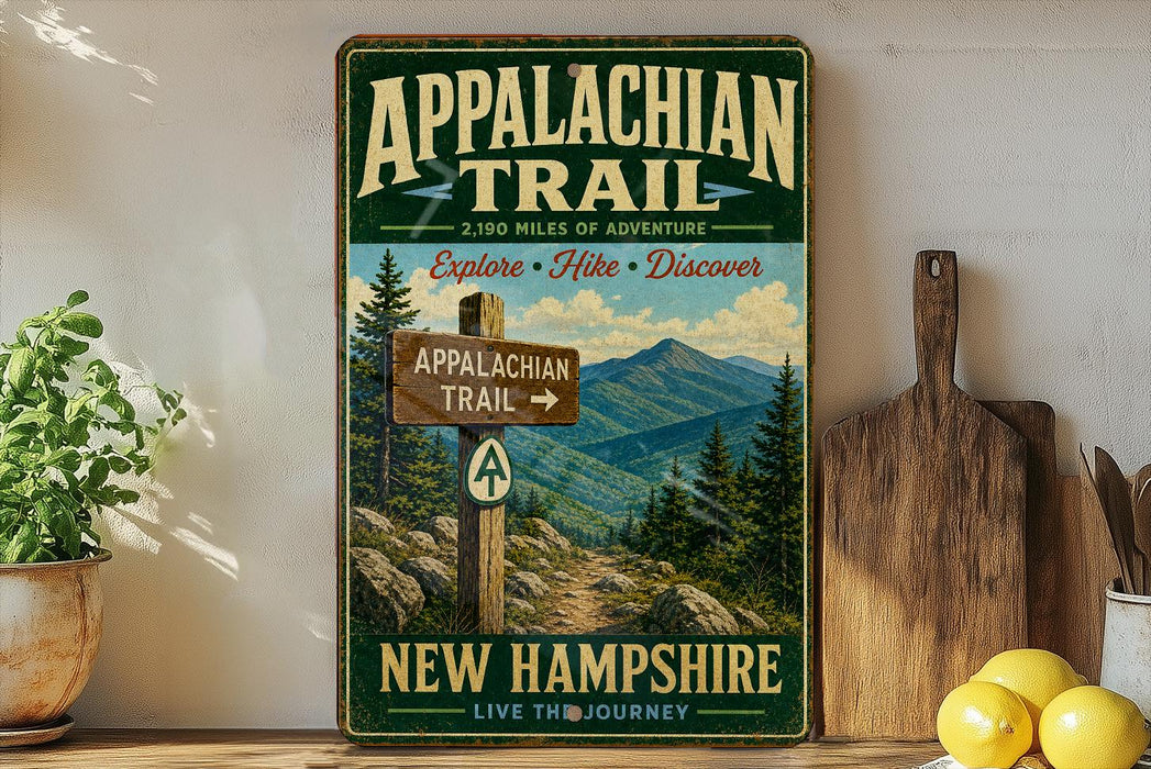 a vintage trail sign for the Appalachian Trail in New Hampshire, with a mountain landscape and pine trees in the background.