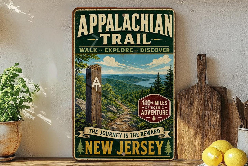 A vintage-style metal sign for the Appalachian Trail, featuring a scenic mountain landscape and a trail marker, is displayed on a shelf next to a wooden cutting board and some lemons.