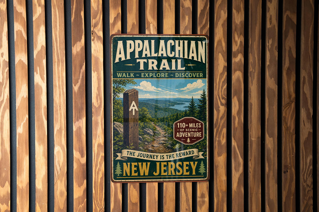 A vintage metal sign for the Appalachian Trail, featuring a scenic mountain landscape and the text "Appalachian Trail" and "The Journey is the Reward".
