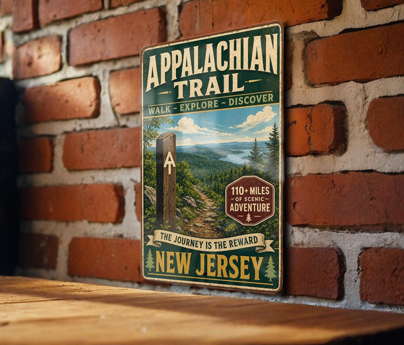 a vintage-style metal sign for the Appalachian Trail, mounted on a brick wall.