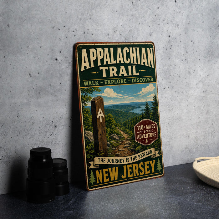 A vintage-style metal sign for the Appalachian Trail, featuring a scenic mountain landscape and the text "Appalachian Trail Walk - Explore - Discover".