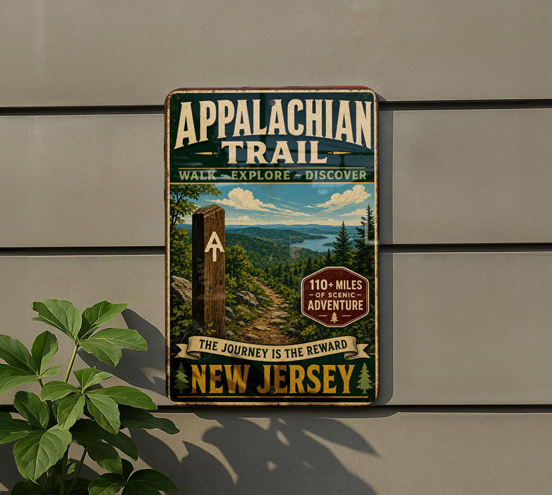 a vintage trail sign for the Appalachian Trail, mounted on a wall next to a plant.