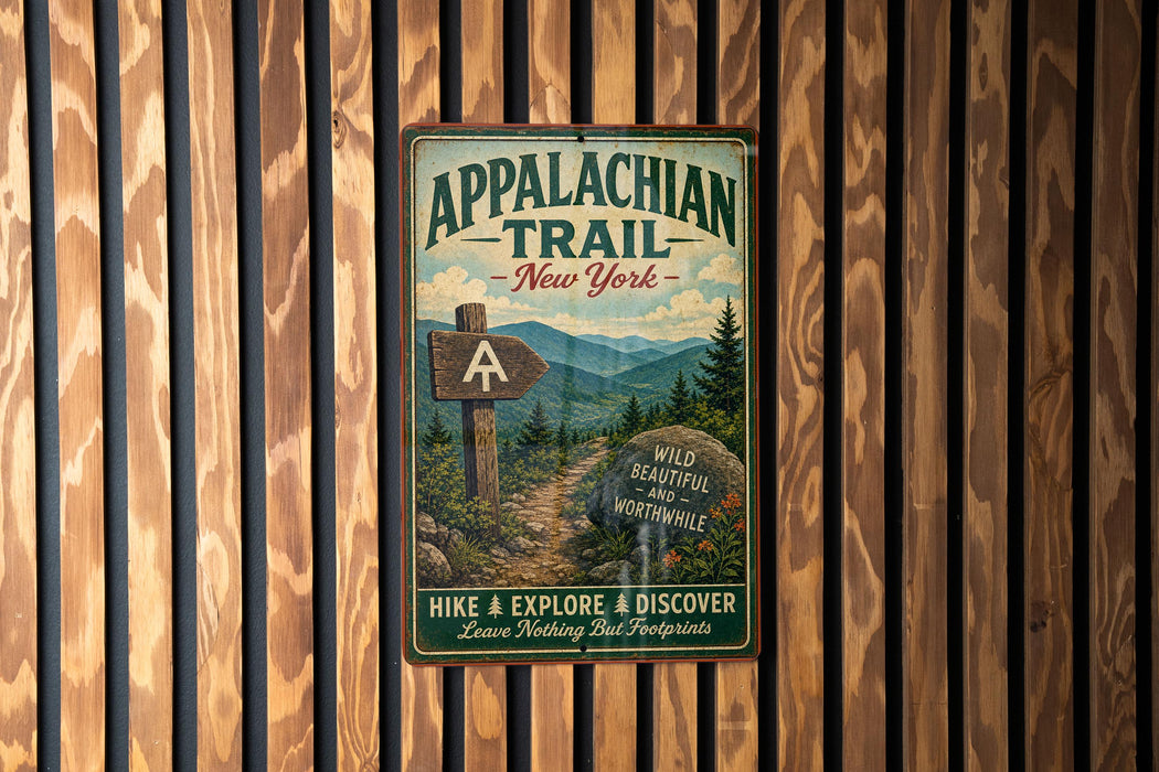 A vintage-style metal sign for the Appalachian Trail in New York, featuring a scenic mountain landscape and directional signs.
