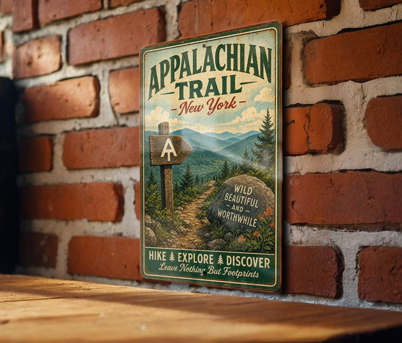 a vintage trail sign for the Appalachian Trail in New York, mounted on a brick wall.