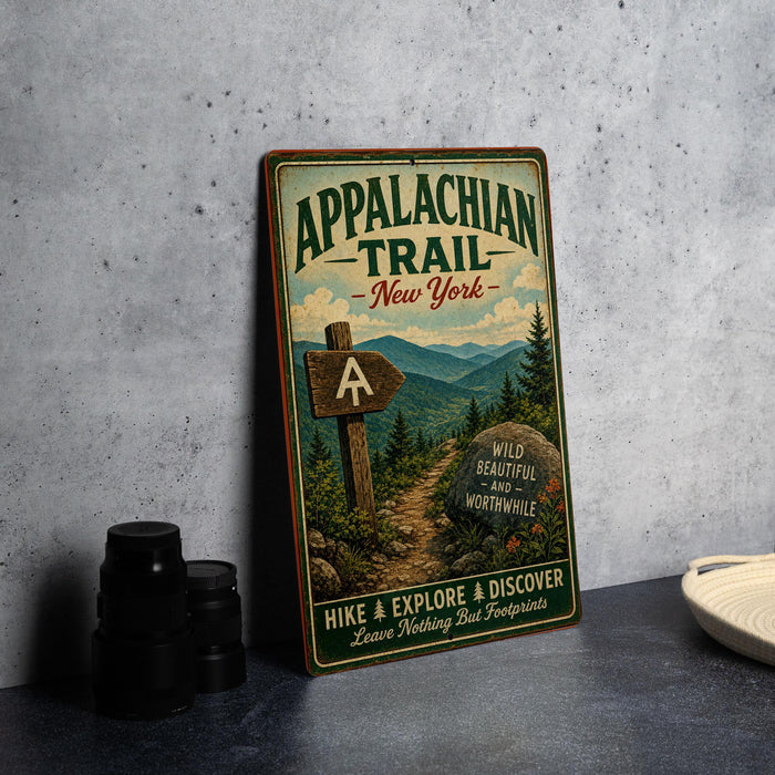 a vintage trail sign for the Appalachian Trail in New York, with a mountain landscape and a sign pointing to the trail.