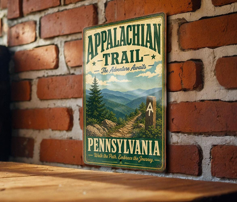 A vintage-style metal sign for the Appalachian Trail in Pennsylvania, featuring a scenic mountain landscape and a trail marker.