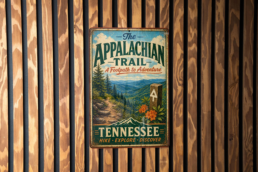 A vintage metal sign for the Appalachian Trail in Tennessee, featuring a scenic mountain landscape and the trail's name.
