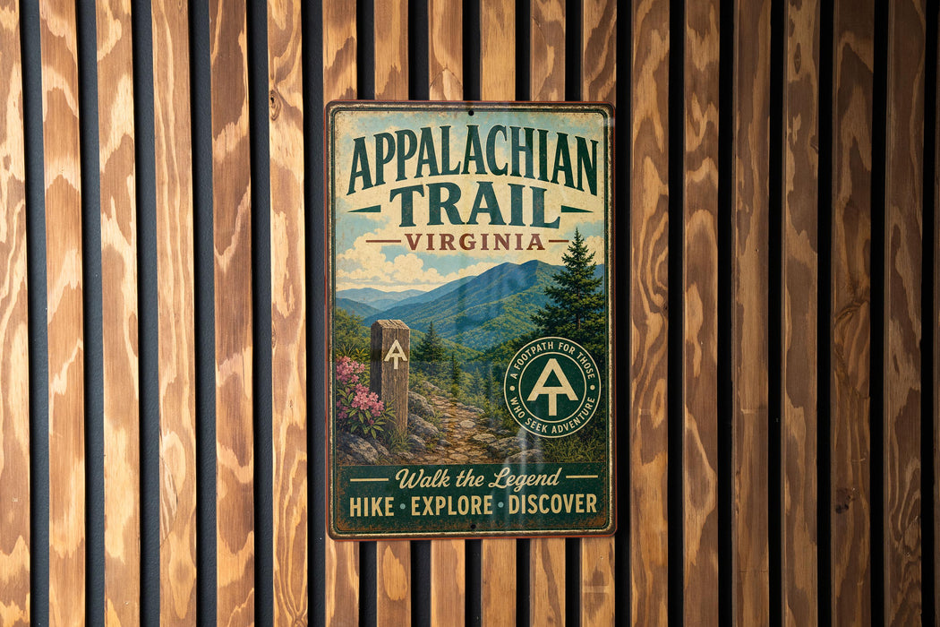 A vintage metal sign for the Appalachian Trail in Virginia, featuring a scenic mountain landscape and the trail's name.